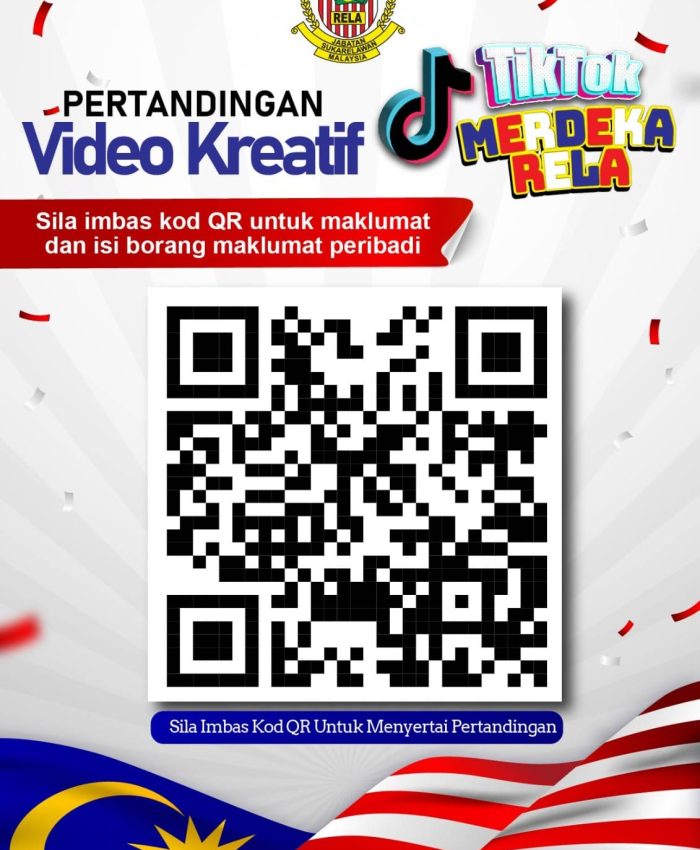 Bagi peserta yang telah memuat naik video kreatif Tiktok Merdeka RELA, bolehlah mengisi maklumat untuk melayakkan menyertai pertandingan dengan mengimbas QR code di poster hebahan